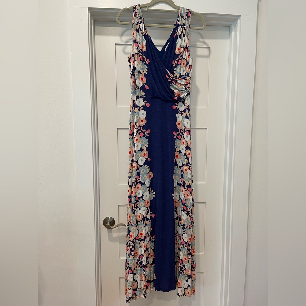 Boden Navy Floral Maxi Dress with Coral & Light Blue Accents